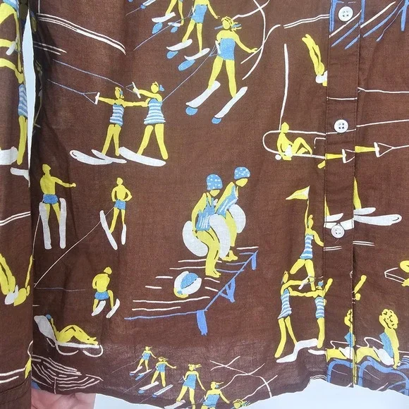 J McLaughlin Lois Button Up Shirt XL Brown AOP Retro Beach Ski Resort Vacation - Picture 3 of 10